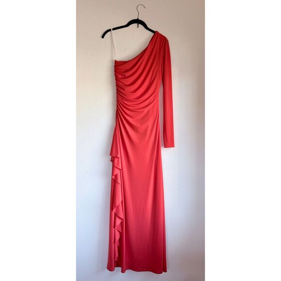 Halston Giana Asymmetrical One Shoulder Long Sleeve Jersey Dress in Orange Sz 0 - Picture 7 of 14